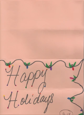 Exterior of card one, featuring hand-drawn Christmas lights with Happy Holidays written below