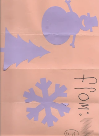 Exterior of Card Three, featuring hand-cut Christmas tree, snowflake, and snowman, with From: (redacted) handwritten