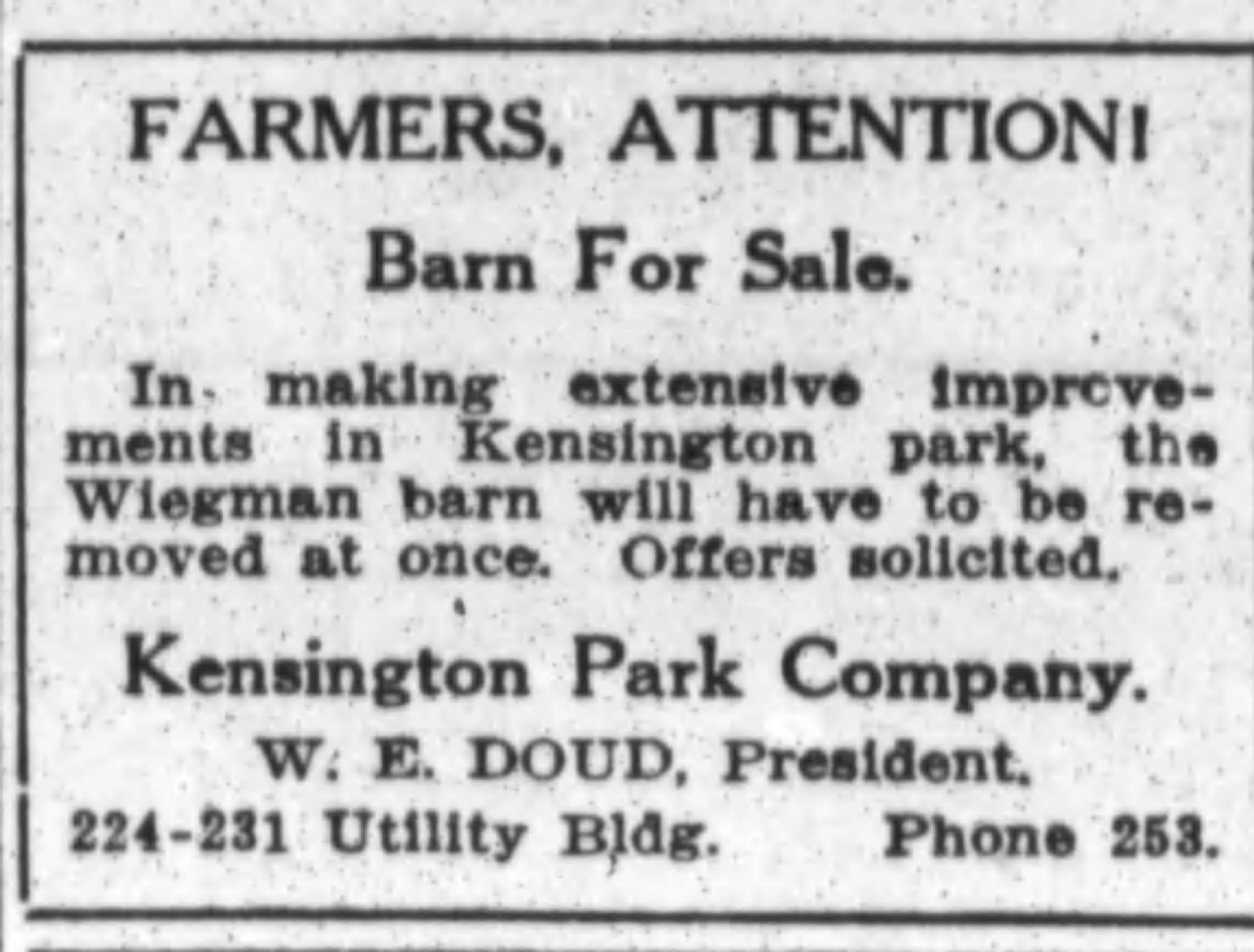 June 29, 1917 notice about improvements in Kensington Park
