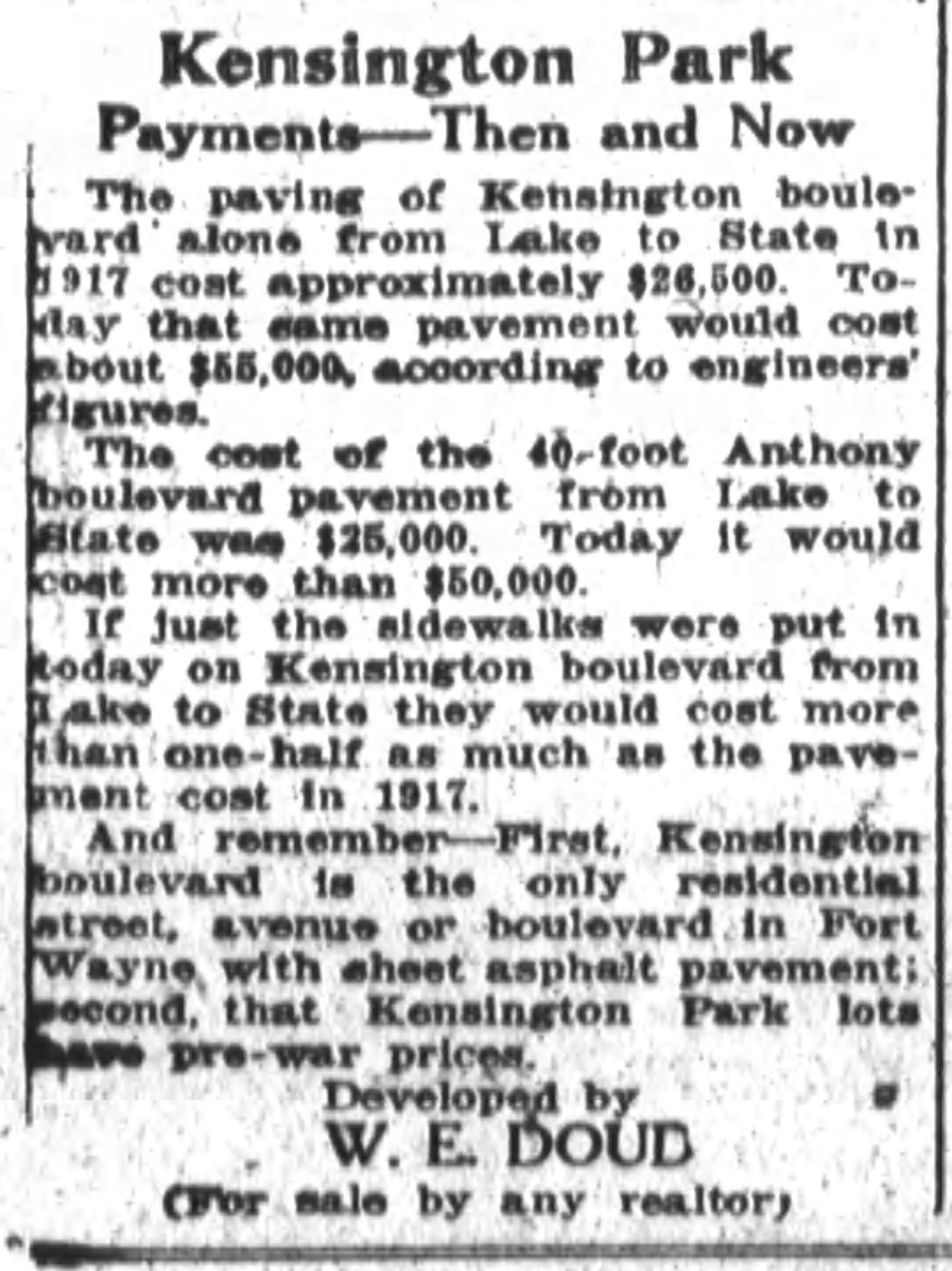 May 13, 1922 advertisement about Kensington Park paving and Anthony Boulevard improvements
