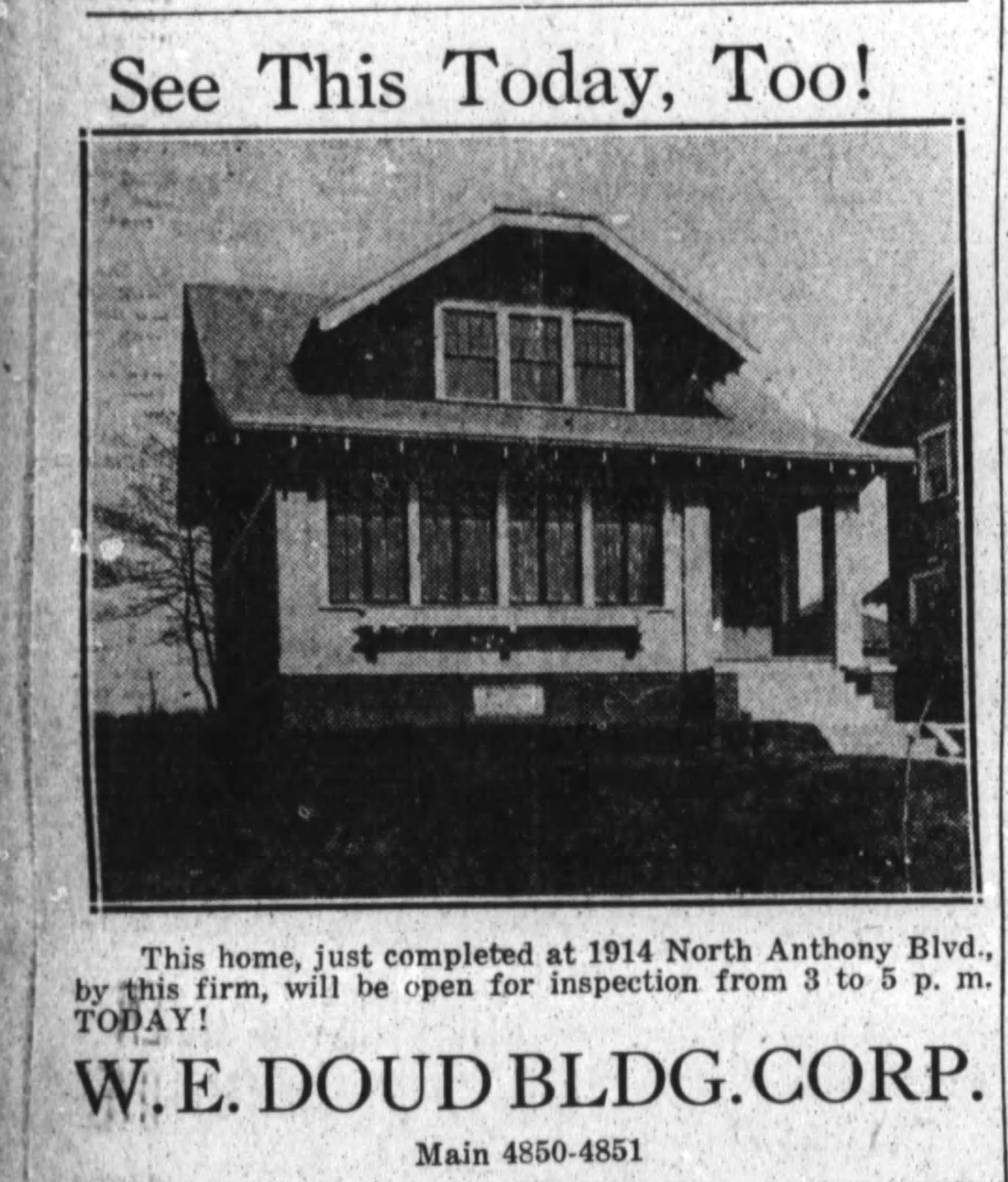 May 27, 1923 advertisement for a newly completed home at 1914 North Anthony Boulevard