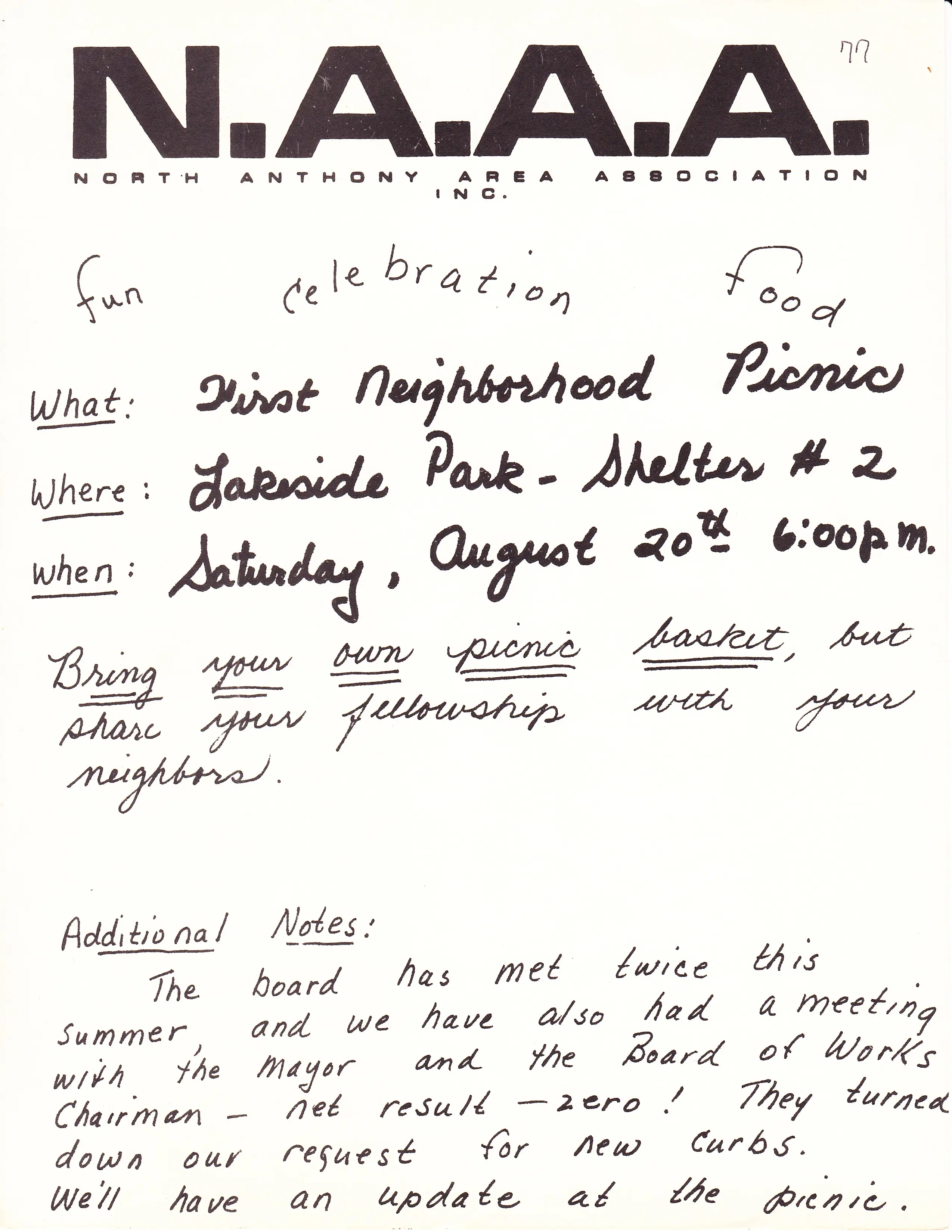 North Anthony Area Association first neighborhood picnic flyer, August 20, 1977