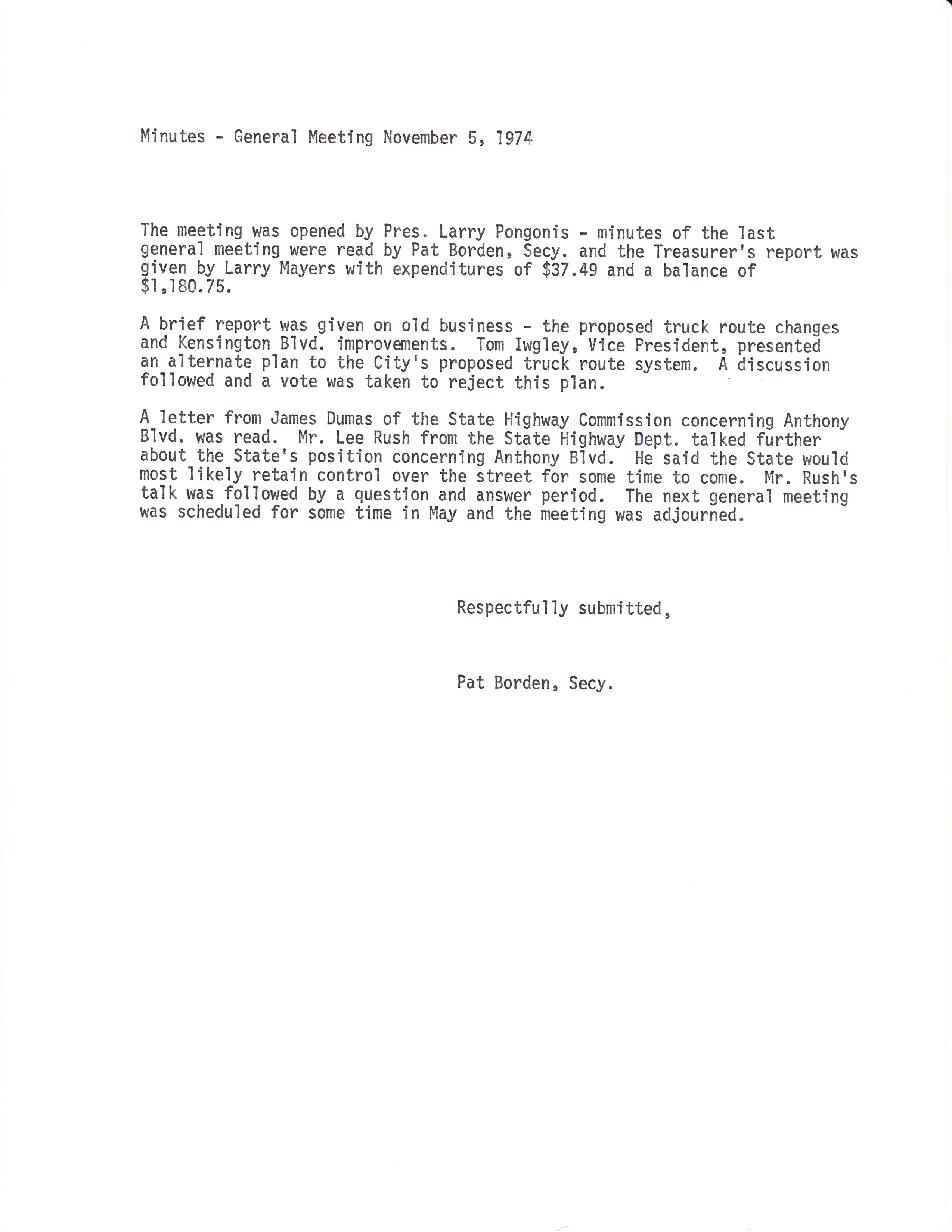 Minutes from a general meeting, November 5, 1974