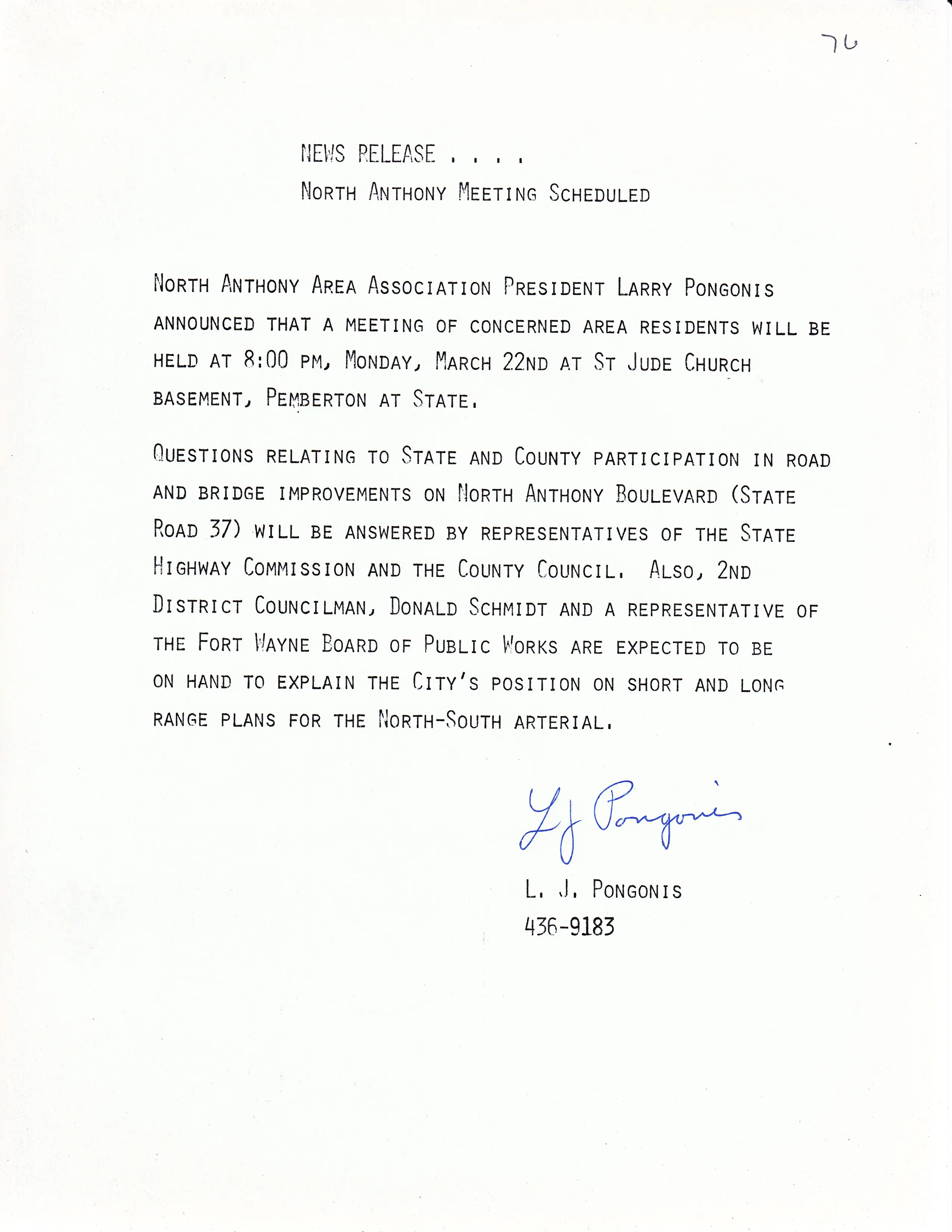 March 1976 notice for a North Anthony meeting on road and bridge plans