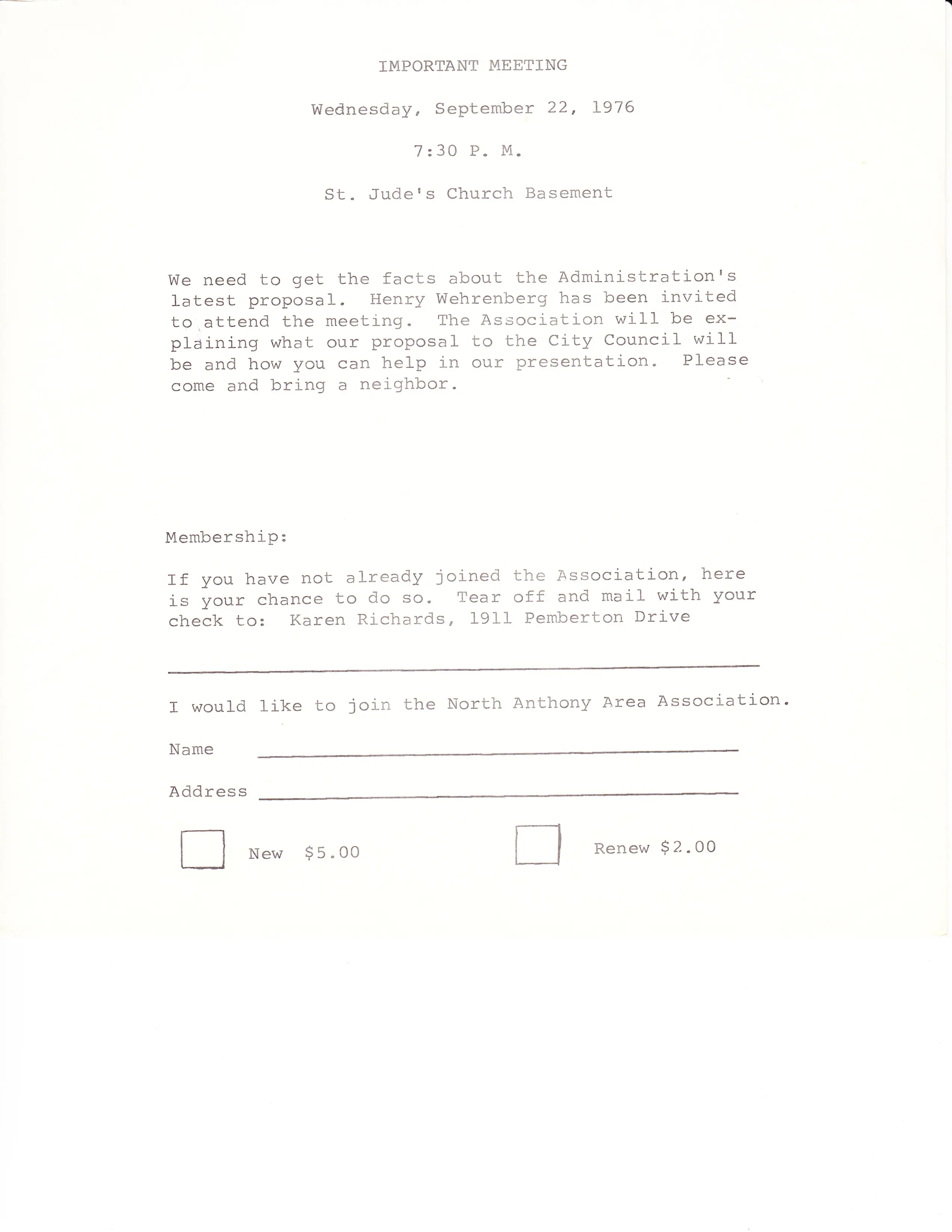 September 1976 meeting notice with membership form