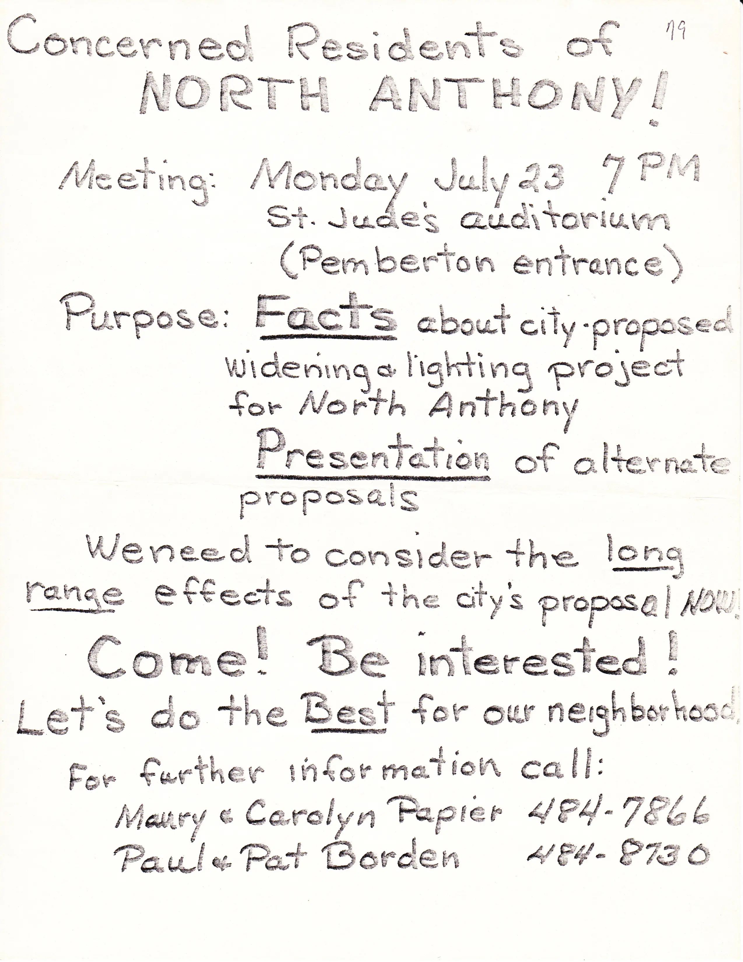 Meeting notice from July 1979 about city widening and lighting proposals