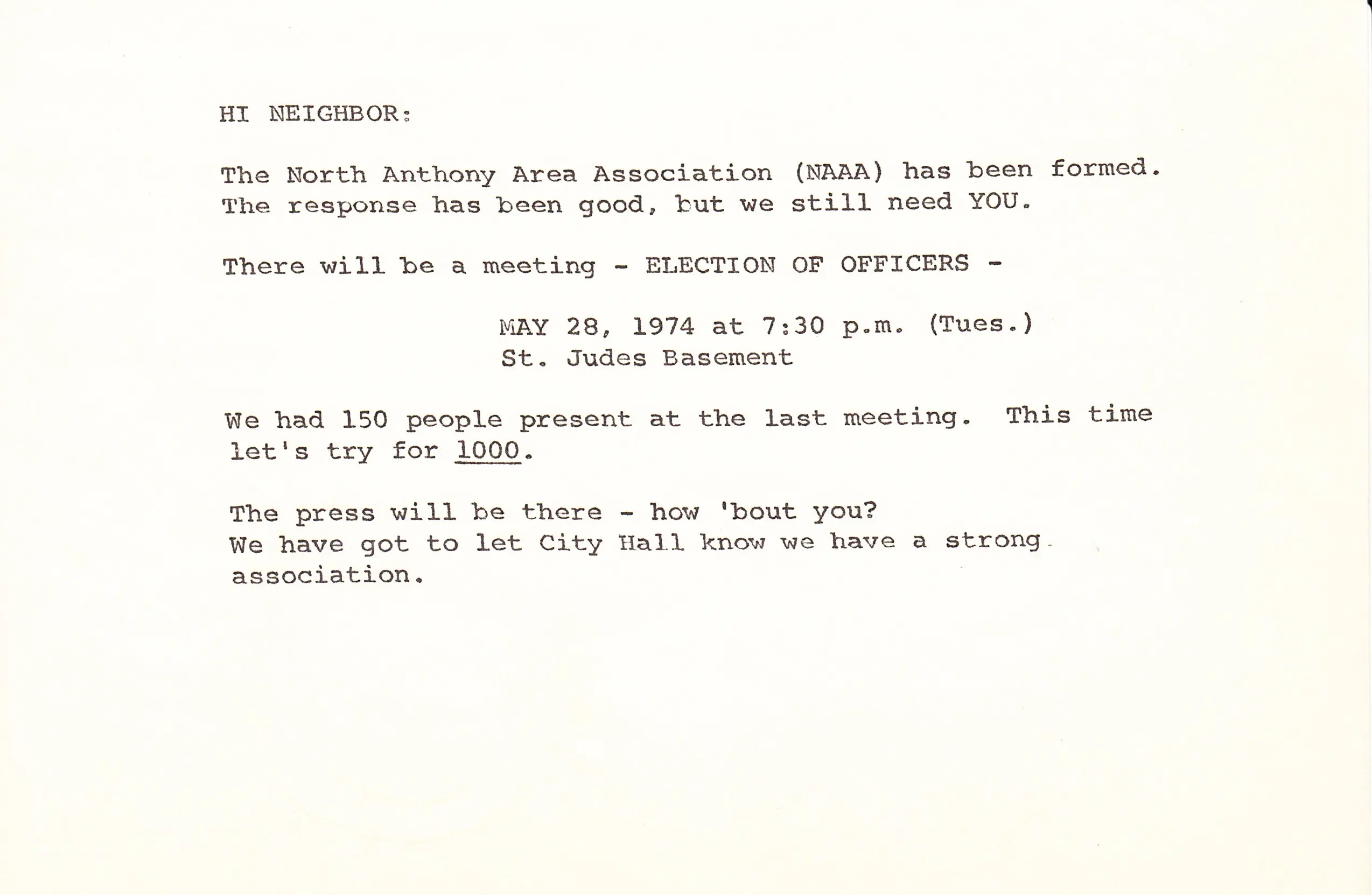 Meeting notice announcing formation of the association, May 28, 1974