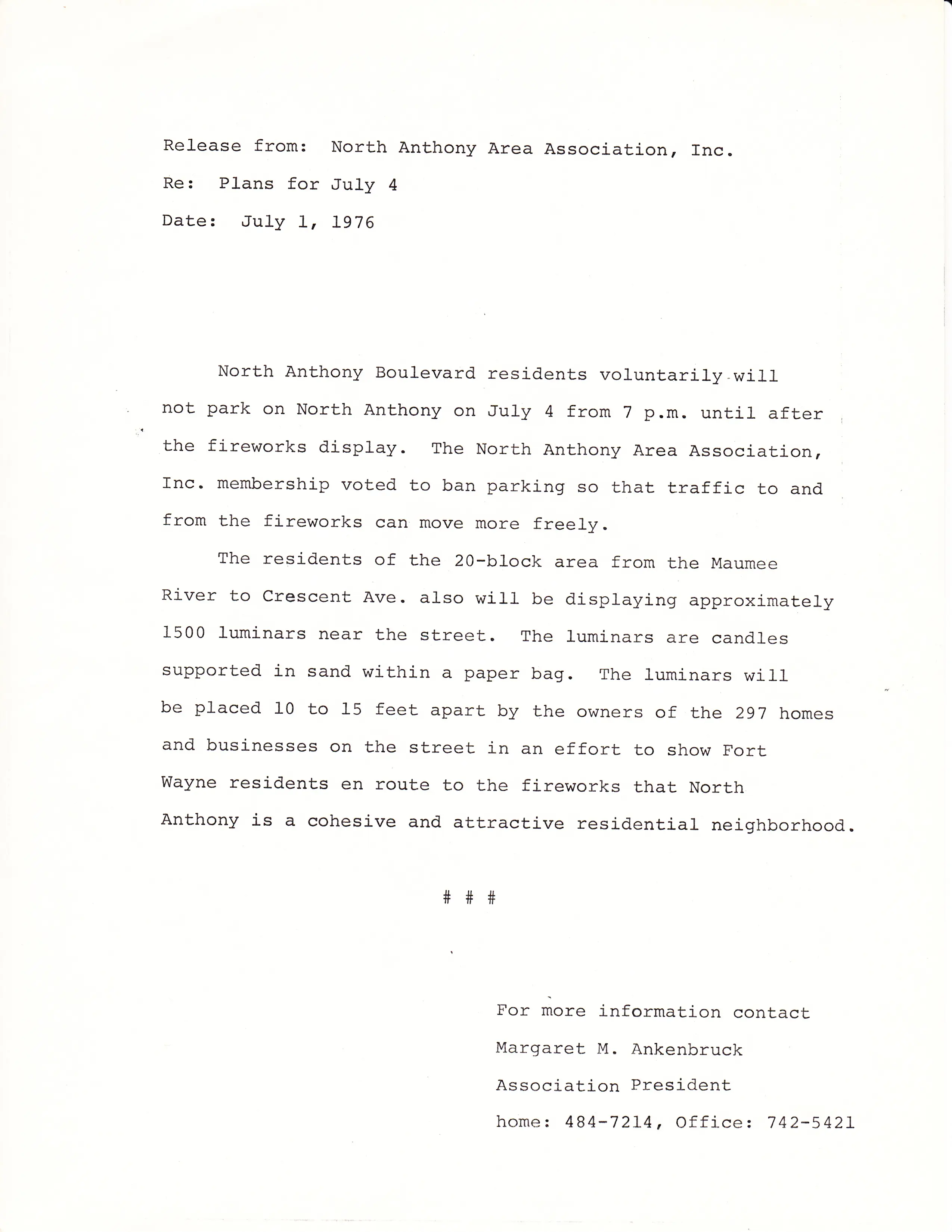 July 1976 release announcing no parking and luminarias on North Anthony for July 4