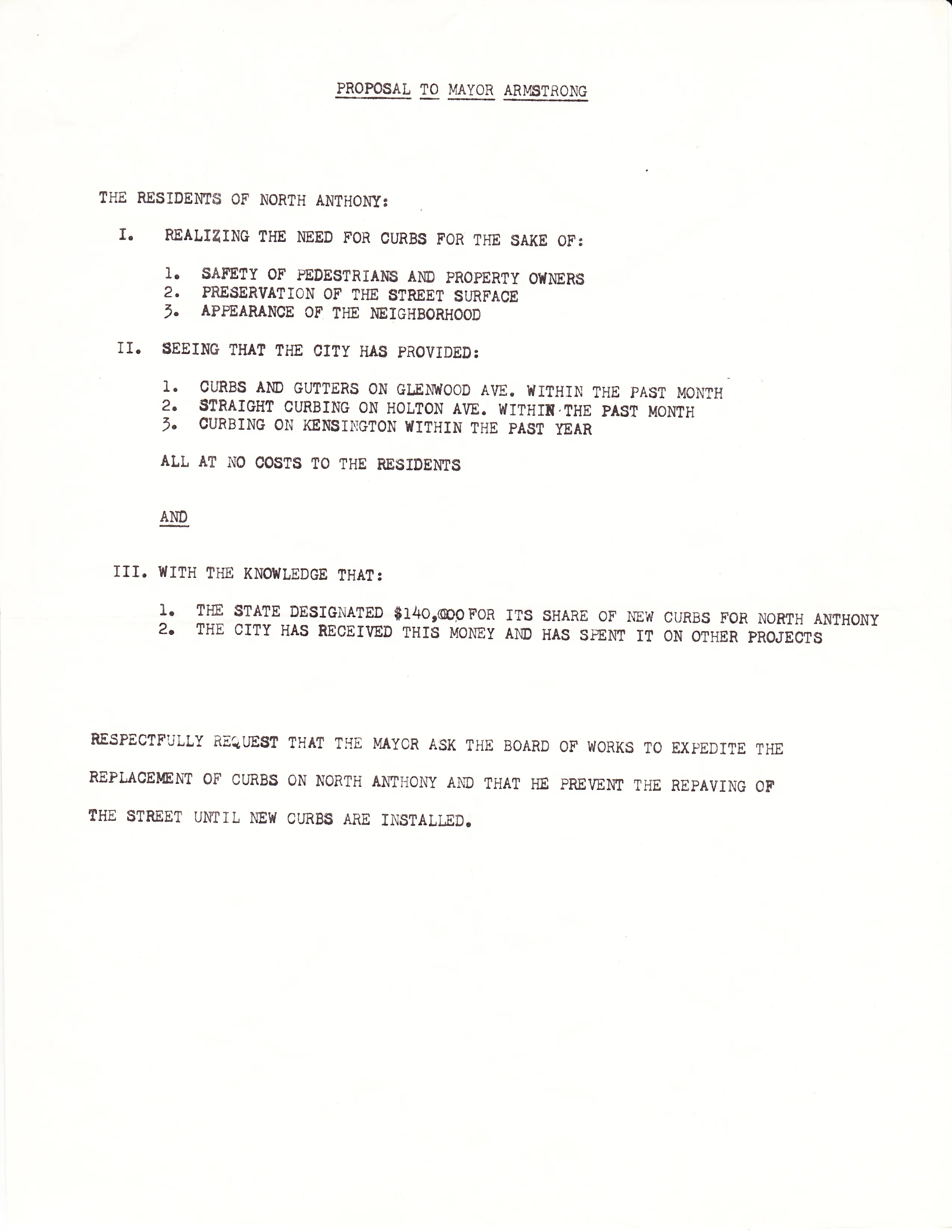 Proposal to Mayor Armstrong asking for new curbs before repaving