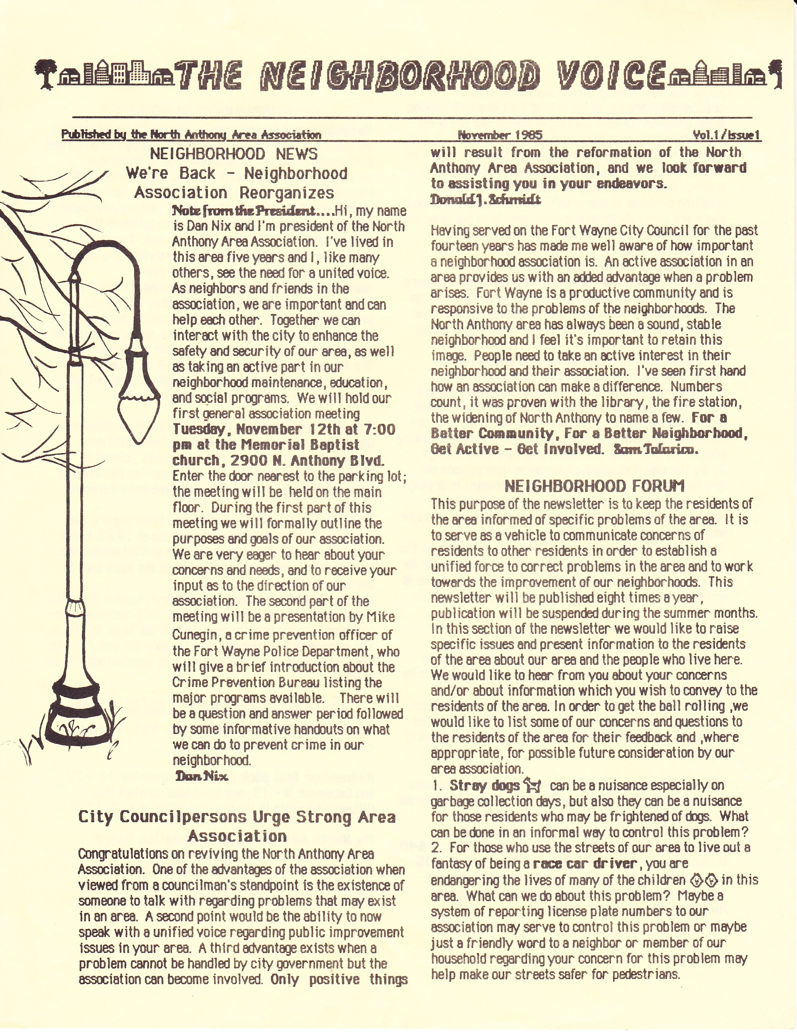 November 1985 issue of The Neighborhood Voice announcing the reorganized association