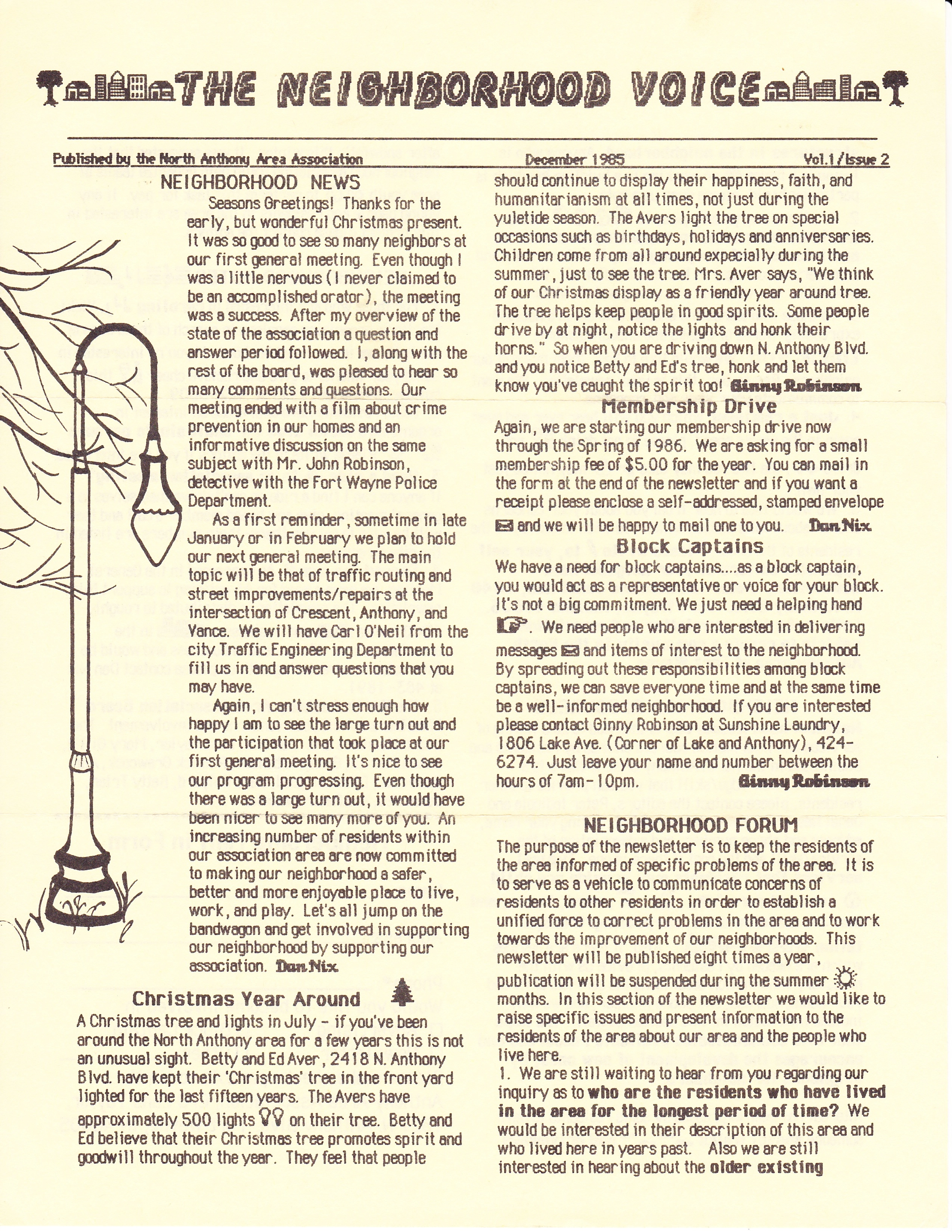 December 1985 issue of The Neighborhood Voice continuing the reorganization and membership drive