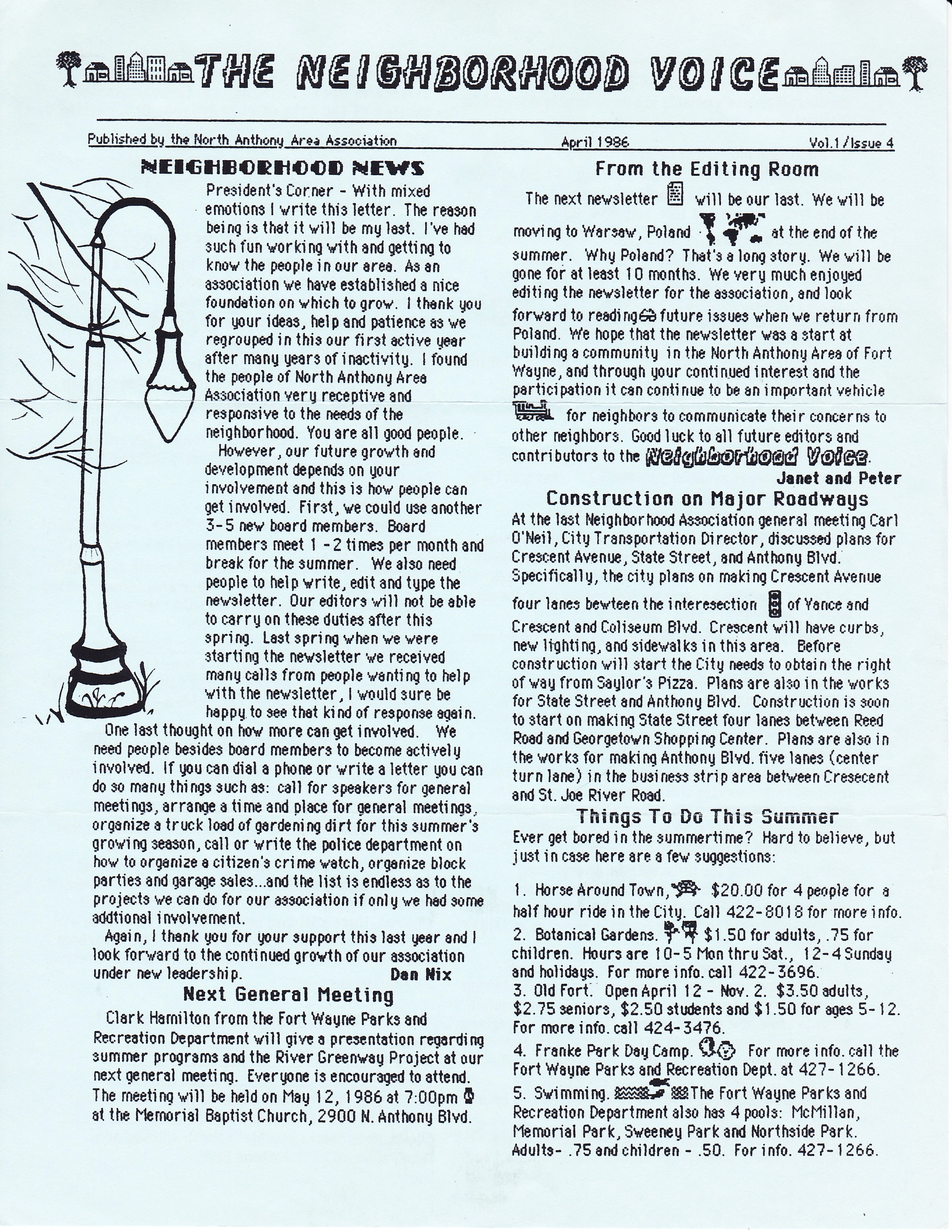 April 1986 issue of The Neighborhood Voice discussing construction and summer programming