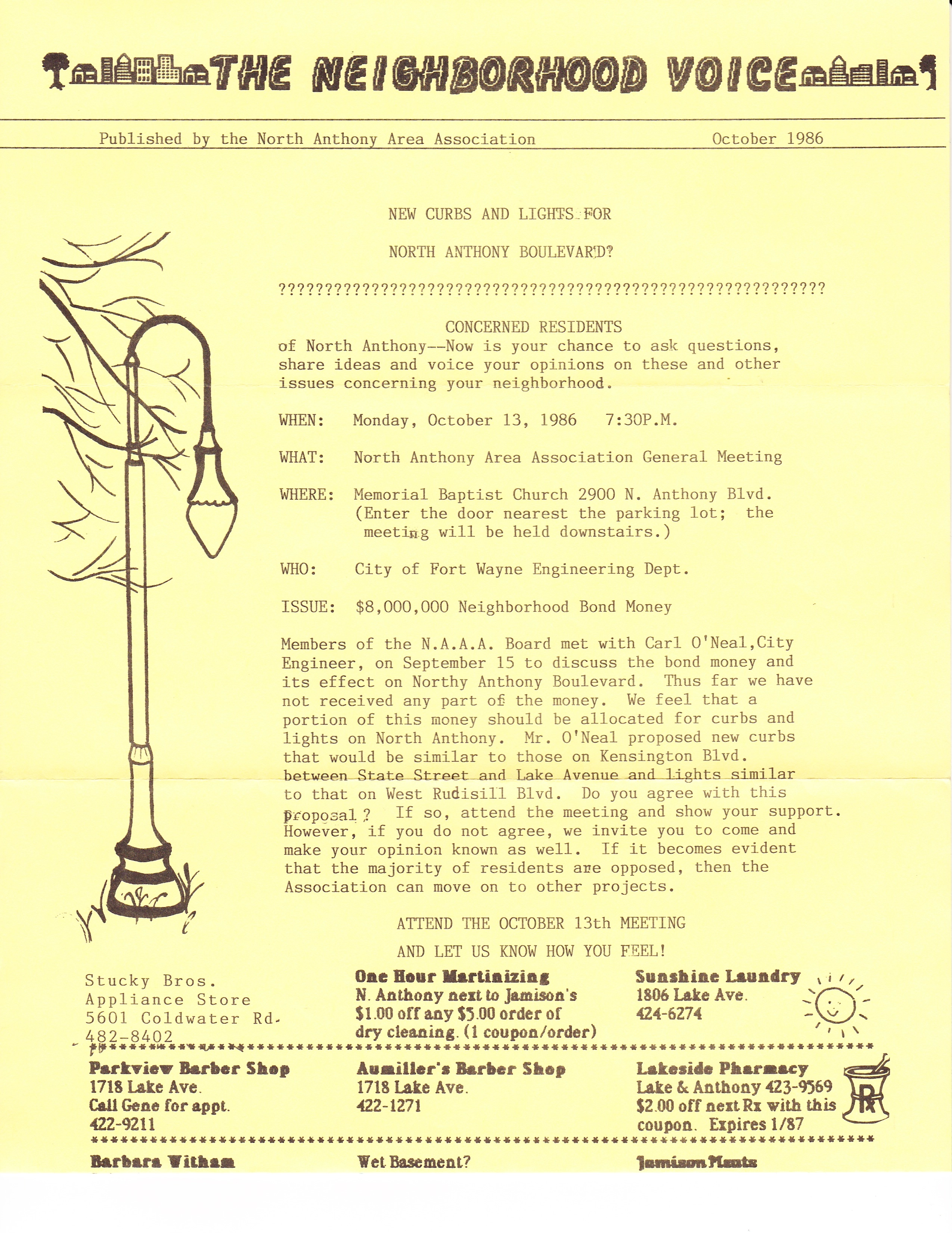 October 1986 issue of The Neighborhood Voice calling a meeting on curbs and lights for North Anthony Boulevard