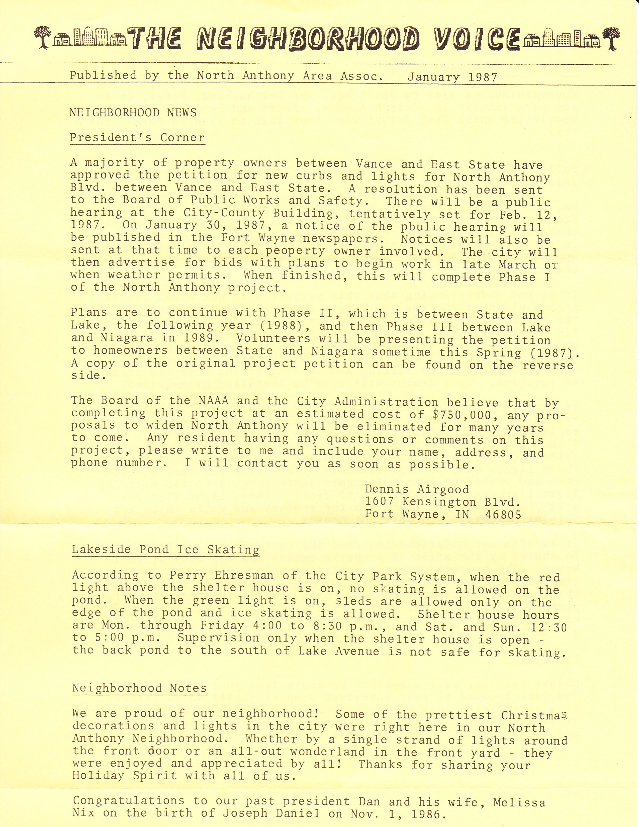 January 1987 issue of The Neighborhood Voice discussing petitions for curbs and lights