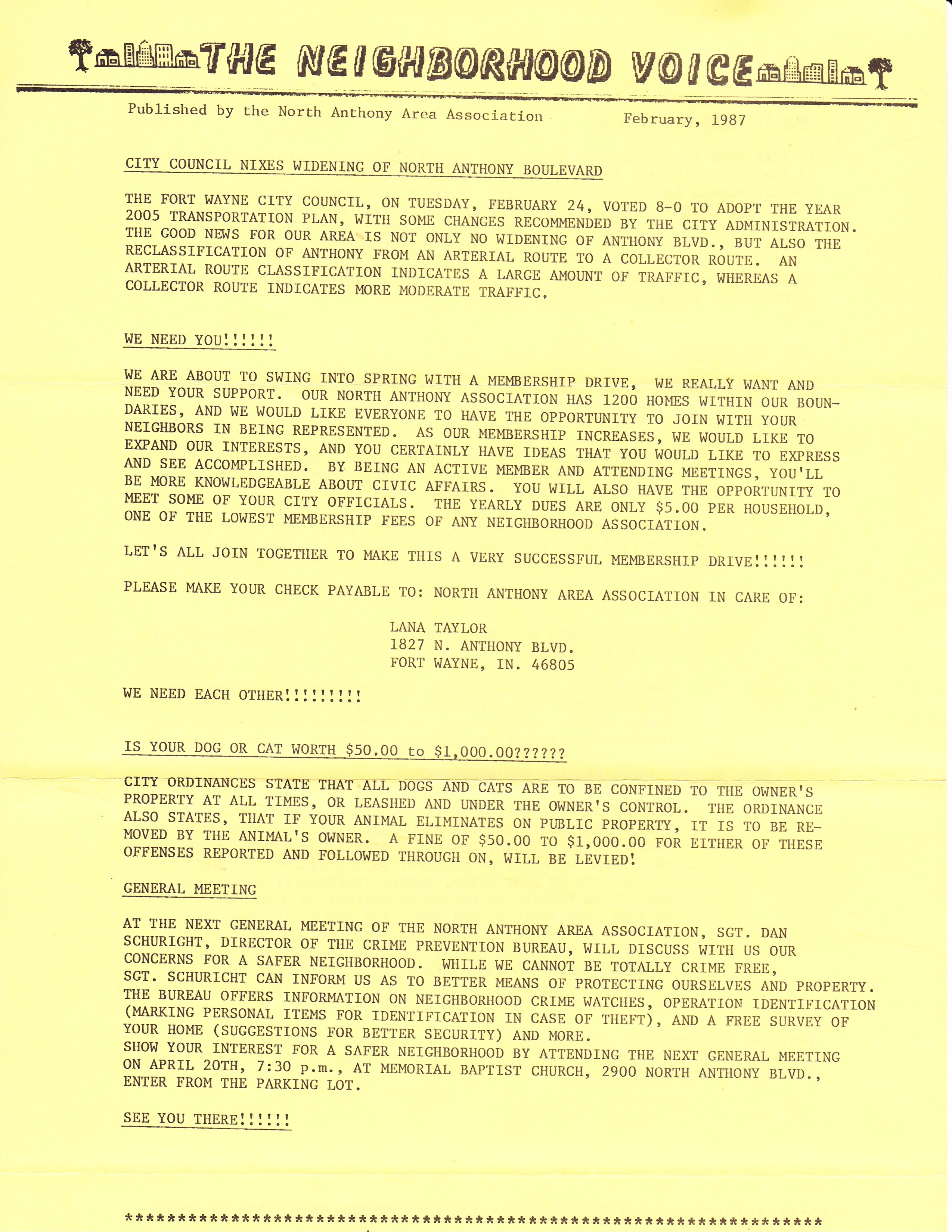 February 1987 issue of The Neighborhood Voice celebrating the city council vote against widening